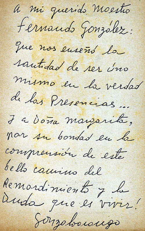 Dedicatoria de Gonzalo Arango a Fernando González