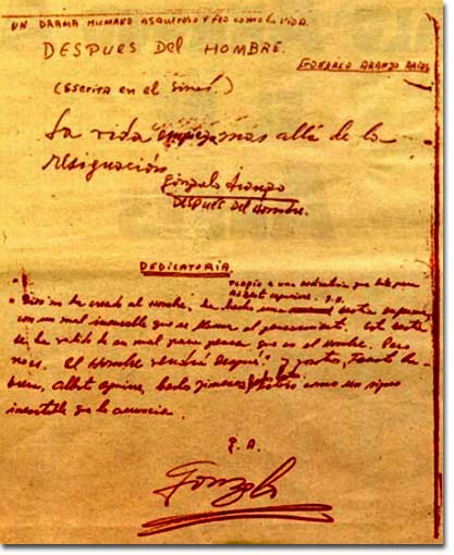 Primera página de “Después del hombre” de Gonzalo Arango.
